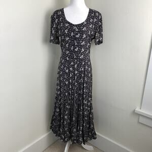 Vtg 90s Floral Midi Dress M Black Cottage Short Slv Button Front Rayon